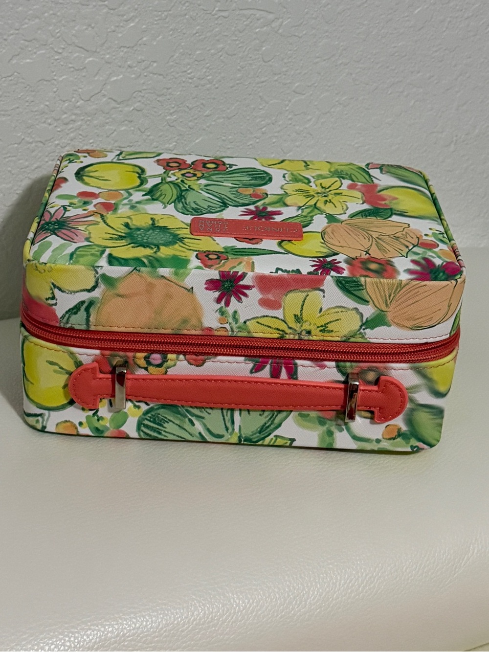 Clinique Floral Cosmetic Case in Coral, Yellow, Green, and Cream